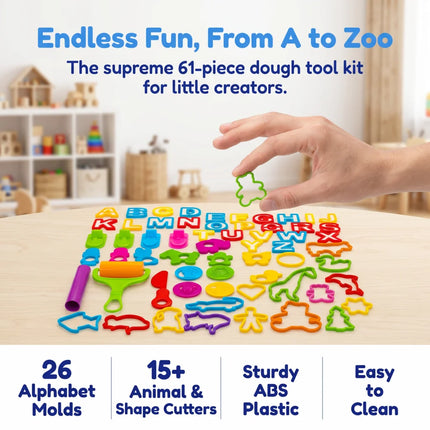 61Pcs Alphabet & Animal Play Dough Mold Set, Creative Clay Cutting Stamps for Learning & Craft, DIY Educational Tool for Parents