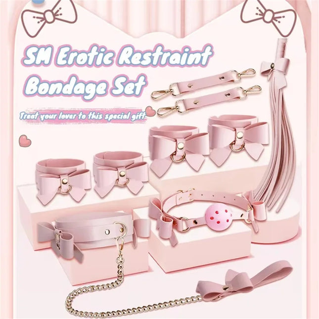 BDSM Cute Bow Themed Bondage Sets Cosplay Adult Games Leather Handcuffs Ankle Cuffs Mouth Gag Whip Collar Sex Toys For Women