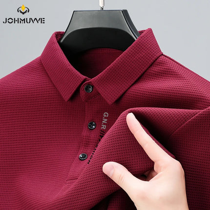 Men's Waffle Long-Sleeved Polo Shirt with Letter-Printed Lapel Casual Top