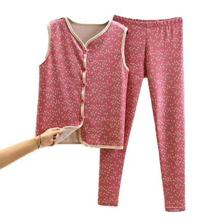 Warm Fleece Lined Velvet Home Clothes Set with Buttoned Knitwear Self Heating Anti Cold Two Piece Set for Women Autumn Winter