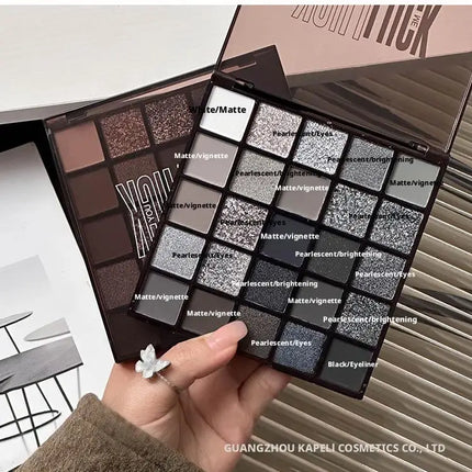 25 Colors Black Grey Smokey Eyeshadow Palette, Matte Black White Gray Silver Smoky Eye Shadow, Black Eyeshadow Makeup Goth Look