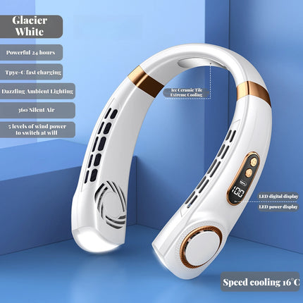 Portable Ice-Cooling Fan with LED Light, Silent Bladeless Halterneck Design for Personal Cooling and Outdoor Comfort