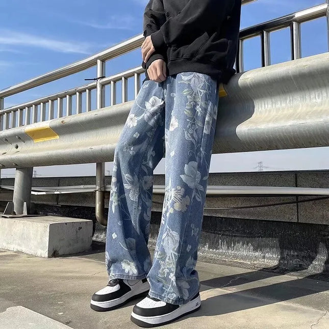 Spring Printed Jeans Korean Style Men's Floral Denim Pants High Street Loose Straight Trousers for Couples Baggy Hosen Herren