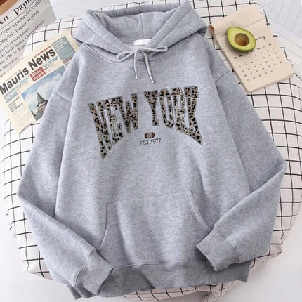 Leopard Letter New York Print Unisex Hoodies Women's Casual Y2k Sweatshirts Graphic Vintage Hoody Pullovers Streetwear Clothes