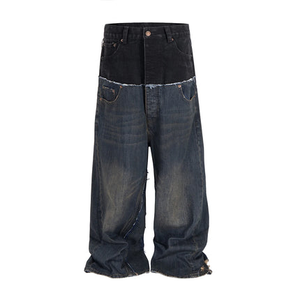 CUT-UP Double-layer Double Waist Patchwork Baggy Jeans for Men and Women Straight Casual Loose Denim Trousers Oversized
