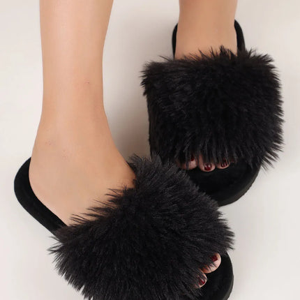 Women's Plush Faux Fur Slippers Winter House Carpet Fluffy Sandals Spring Autumn Outdoor Walking Open Toe Flip Flops