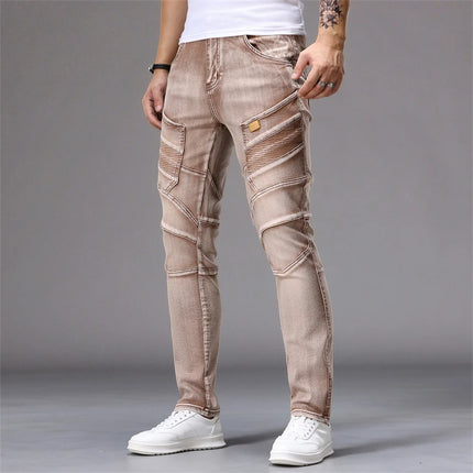 Men's Patchwork Skinny Ripped Jeans Fashion Trousers Elastic Slim Hole Biker Denim Pants Hip-hop Rock American Streetwear