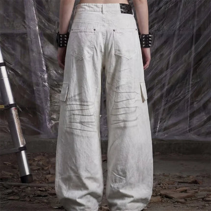 2026 Autumn High Street Fashion Y2K Baggy Straight Jeans For Men Star Graphic Printed Distressed Multi-Pocket Cargo Denim Pants