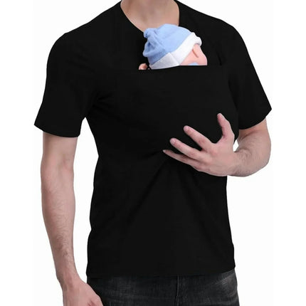 Parent-Child Interaction Kangaroo Shirt for Men, Short-Sleeved, with Baby Carrier Pocket, Dad Style Casual T-Shirt
