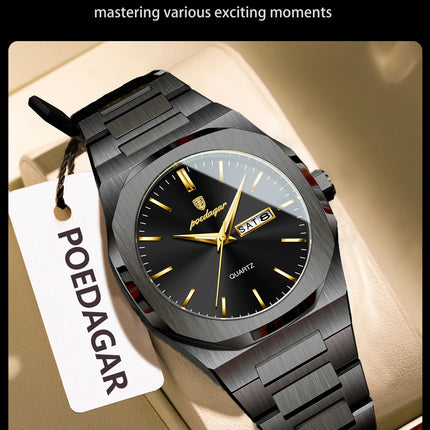 POEDAGAR Fashion Brand Man Clock Luminous Waterproof Stainless Steel Men's Watch Date Week Quartz Business Watches For Men Reloj