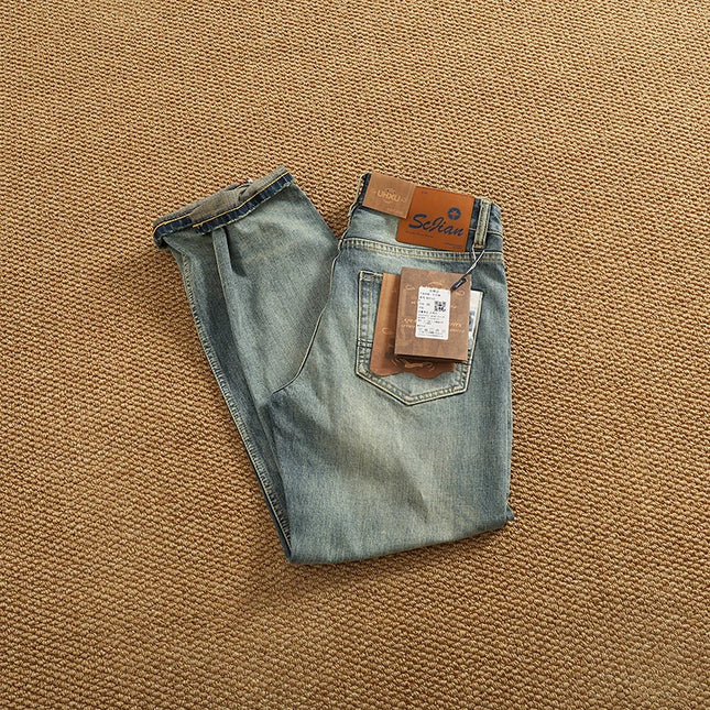 2025 Summer New American Retro Heavyweight Elastic Denim Jeans Men's Simple 93.7% Cotton Washed Old Straight Casual Patch Pants