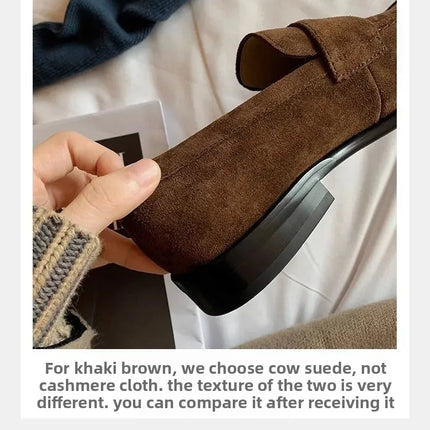 Retro British Style Velvet Surface Chunky Heel Slip-On Flats Women's Autumn Grape Mom Shoes round Toe Rubber Outsole Plain Color