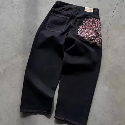 Y2K Vintage Low Waist Hip Hop Cherry Blossom Embroidered Jeans  Wide Leg Trousers Clothes Mens Embroidered Baggy Jeans Womes