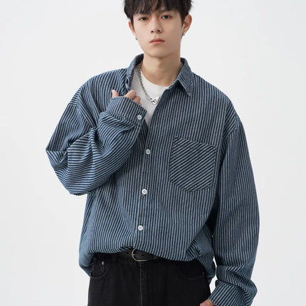 Vintage-Washed Denim Striped Long-Sleeved Shirt for Men Patchwork Design Loose-Fit Casual Shirt