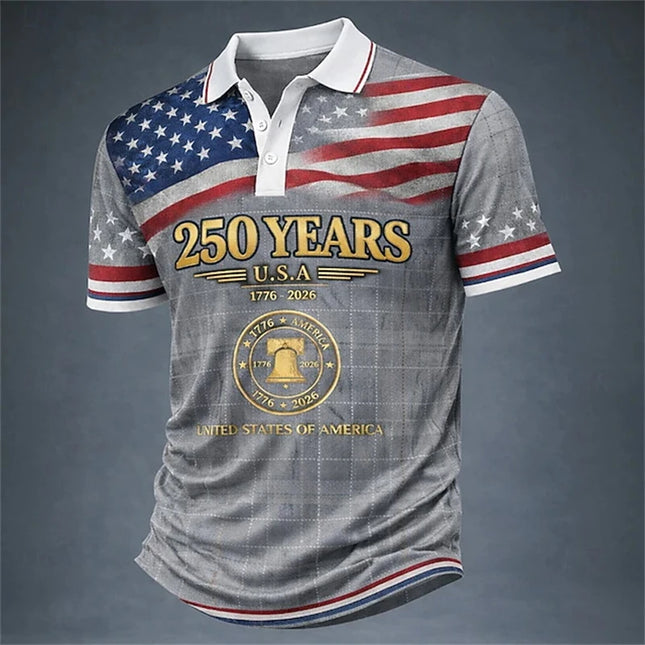 2026 New USA 250th Anniversary Celebration Men's Short-Sleeved Polo Shirt 3D Printed American Flag Pattern Vintage Men Polo