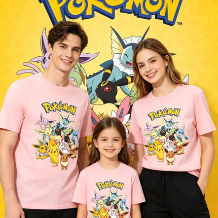 2026 Summer Pokemon Eevee Evolution Family Tees, Cotton Casual Breathable Tops, Parent-Child Shirts for Family Travel Y2k