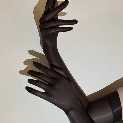 Women Sexy Black Oil Glossy Long Gloves Transparent Silky Summer Sunscreen Sleeves Cosplay Stage Performance Nightclub Dance