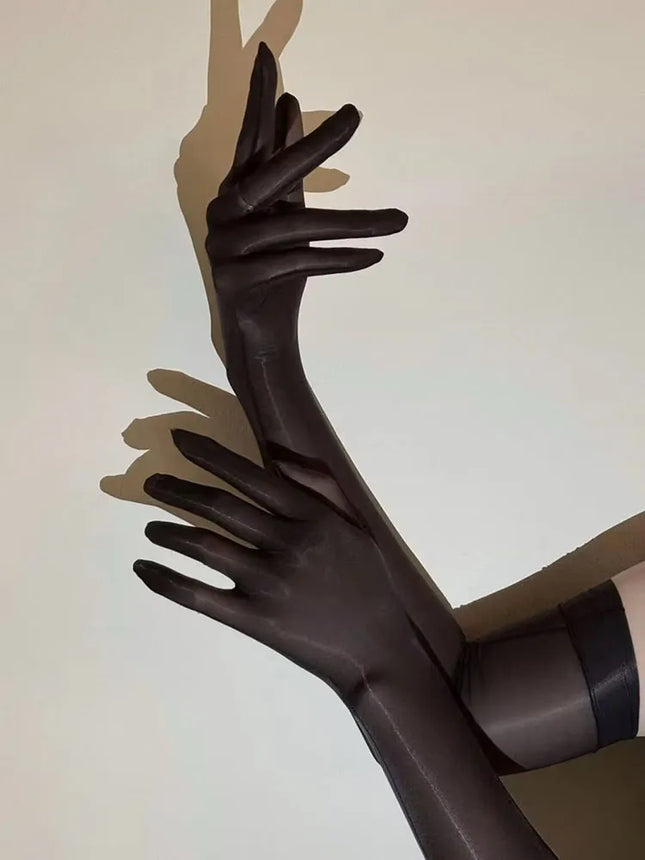 Women Sexy Black Oil Glossy Long Gloves Transparent Silky Summer Sunscreen Sleeves Cosplay Stage Performance Nightclub Dance