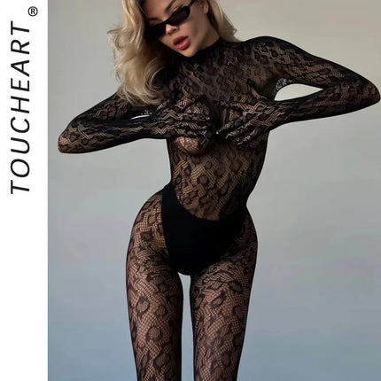 Toucheart Erotic Mesh Bodysuit Leopard Print Hollow Out Sexy Uniform Women Body Shaping See-through Seductive Hot Flirt Bodysuit