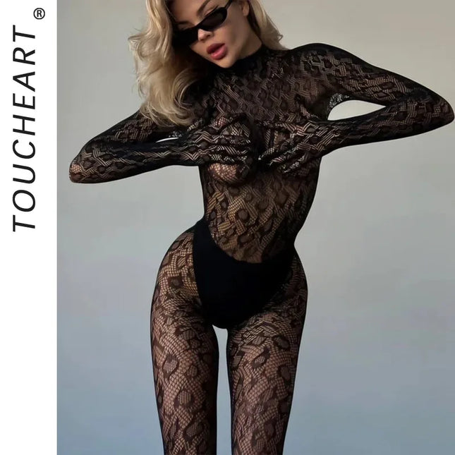 Toucheart Erotic Mesh Bodysuit Leopard Print Hollow Out Sexy Uniform Women Body Shaping See-through Seductive Hot Flirt Bodysuit
