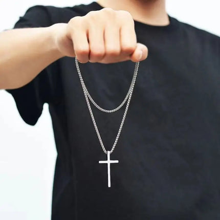 Stainless Steel Cross Necklace for Men Boys,Silver Color Plain Cross Pendant Collar,Hiphop Classic Punk Jewelry Gift