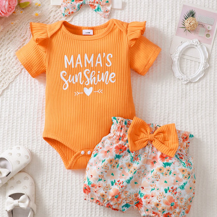 0-2 Year Old Newborn Girl Baby Summer Cotton Short Sleeved Headband Top With Letter Print Shorts Bow Three Piece Set