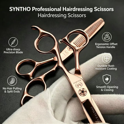 KALMAS Genuine VG10 Steel Rose Gold 6-inch Scissors Set, Suitable for Stylists' Hair Clippers with No Trace Teeth Clippers