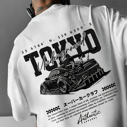 Men's short-sleeved t-shirt, printed with racing cars, English graphics, loose fit, fashionable, casual, round neck top, spring/summer