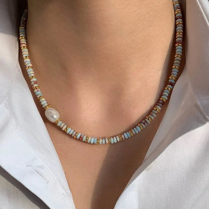 Retro Handmade Woven Natural Stone Beadeds Chain Pearl Pendant Necklace Bracelet Accessories for Women Fashion Jewelry Set Gifts