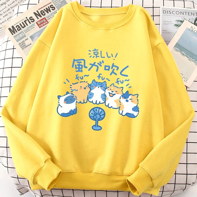 5 Cats Blowing Fans Cute Printed Sweatshirt Women Personality Casual Hoodies Crewneck Hoodies Fashion Cartoon Clothing