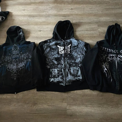 90s Tapout Gothic Zip Up Hoodies Skull Cross Wings Graphic Print Dark Streetwear Black Hooded Sweatshirts Unisex Autumn Tops