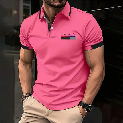 Parisian print short-sleeved polo shirt for men's casual style, multi-functional lapel shirt, summer street men's casual breatha