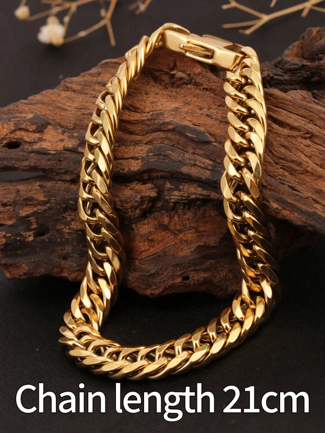 1 Piece of Thick Cuban Chain with Double-Woven Six-Sided Polished Links and Dragon Head Clasp, 18K Gold-Colored Stainless Steel Men's Adjustable Bracelet, Bold Hip-Hop Fashion Trend, Stylish and Cool, Suitable for Men's Daily