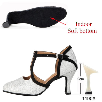 New Latin Dance Shoes Ladies Salsa Tango Ballroom Party High Heels Black Silver Summer Closed Toe Women's Shoes Dancing Shoes