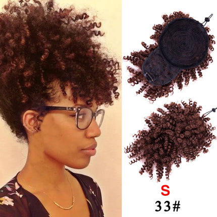 Leeons New Synthetic Afro Kinky Curly Hair Bangs Puff Hair Bun Drawstring Ponytails Clip On Hair Extension Updo Pineapple Fringe