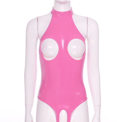 Womens Latex Lingerie Cutout Patent Leather Bodysuit Halter Neck Backless Crotchless Open Cup Teddies Leotard Erotic Clubwear