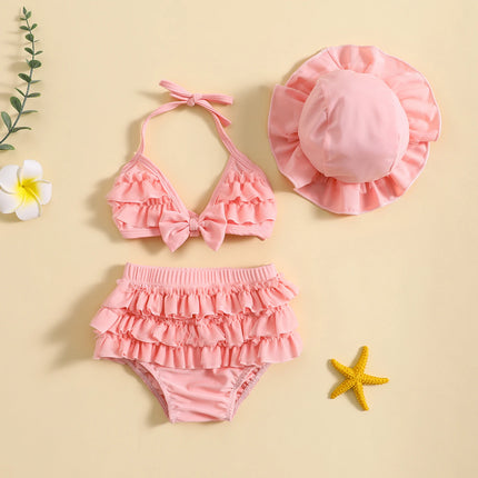 Infant Baby Girls Summer Swimwear Lovely Bowknot Halter Neck Vest Tops+Layered Ruffle Tutu Shorts+Swim Hat Baby 3PCS Beachwear