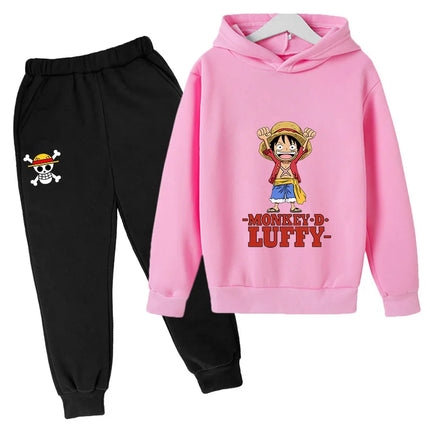 Boys Hoodie and Sweatpants Set for 3-12 Years Japanese Anime One Piece Luffy Zoro Kids Girls Casual Hooded Sweatshirt Tops