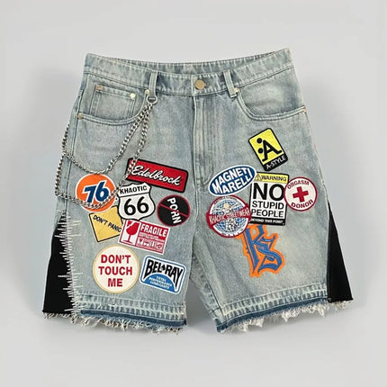 Retro Blue Patchwork Denim Short Y2k Jeans Men Women Hip Hop Streetwear Cartoon Graphics Loose Camo Denim Fitness Casual Shorts