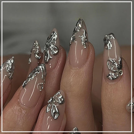 24Pcs Metallic Cat Eye French Sheer Manicure Tip Art Textured 3D Acrylic False Nails Nude Pink Almond Medium Press on Fake Nails