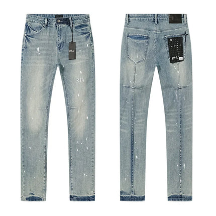 RTA Brand Men's Slim Fit Paint Graffiti Damaged Destroyed Hole Skinny Denim long Trouser Jeans Pants Streetwear