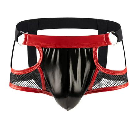 Men's Jockstraps Gay Underwear Lingeries Erotic Penis Bikini Panties Man Patckwork Mesh Faux Leather Jock Strap Underpants Cueca