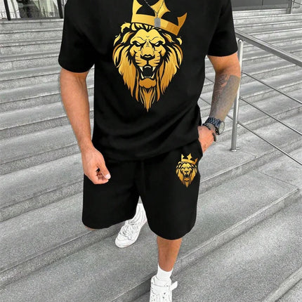 2024 New Crew Neck Short Sleeve T-shirt Fashion Shorts Set 3D Lion Print Short Sleeve Shorts 2-piece Men's Summer Sports Set