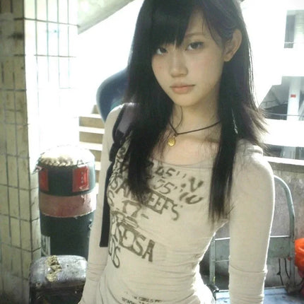 Japanese Y2k Letter Print T-shirt Trashy 2000s Style Long Sleeve Ribbed Tops Vintage Harajuku Streetwear American Retro