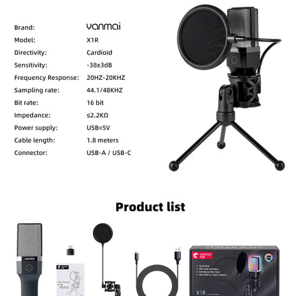 Gaming Computer Professional Condenser Microphone Mic PC Laptop USB Wired Live Streaming Podcast Studio Mike Kit Gamer Karaoke