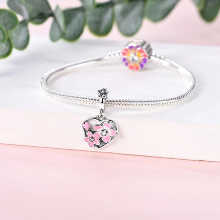 2026 Romantic Pink Color Charms Bead 925 Sterling Silver CZ Zircon Love Heart Pendants Fit Original Bracelet DIY Jewelry Gift