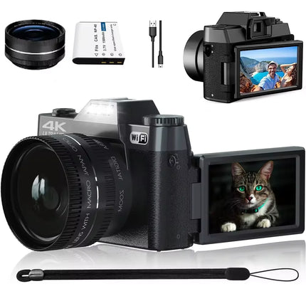 4K Digital Camera for Photography 16X Digital Zoom Vlogging Camera for YouTube 64MP WiFi Auto Focus Video Camera 3" Flip Screen