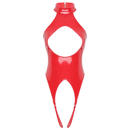 Sexy Adult Womens Cut Out Crotchless Catsuit Jumpsuit Lingerie Female Wet Look Body Costumes Patent Leather Bodysuit Underwear