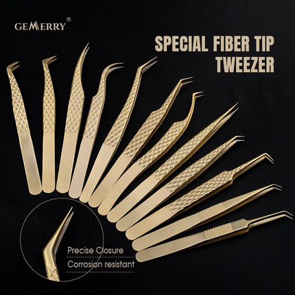 Gemerry  Eyelash Extension Tweezers With Fiber Tips Golden Stainless Steel High Precision Tweezer for Volume Fans Makeup Tools