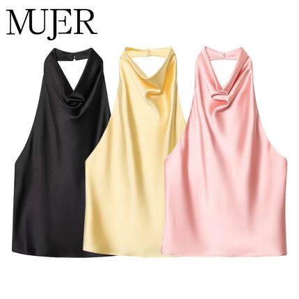 WOMEN 2025 Halter Tops for Women Black Satin Backless Top Female Pink Summer Beach Top Woman Off Shoulder Camisole Top Women